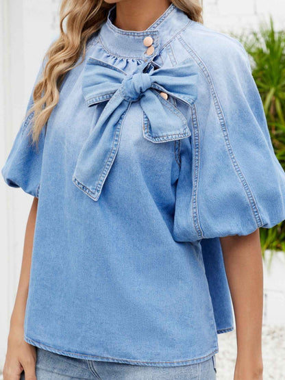 Bow Accent Puff Sleeve Denim Top