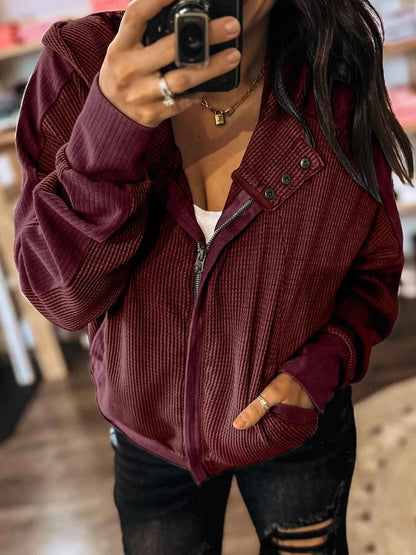 Waffle Zip Up Hooded Jacket with Pockets