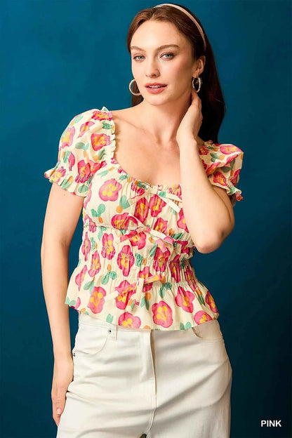 Umgee Floral Smocked Peplum Blouse