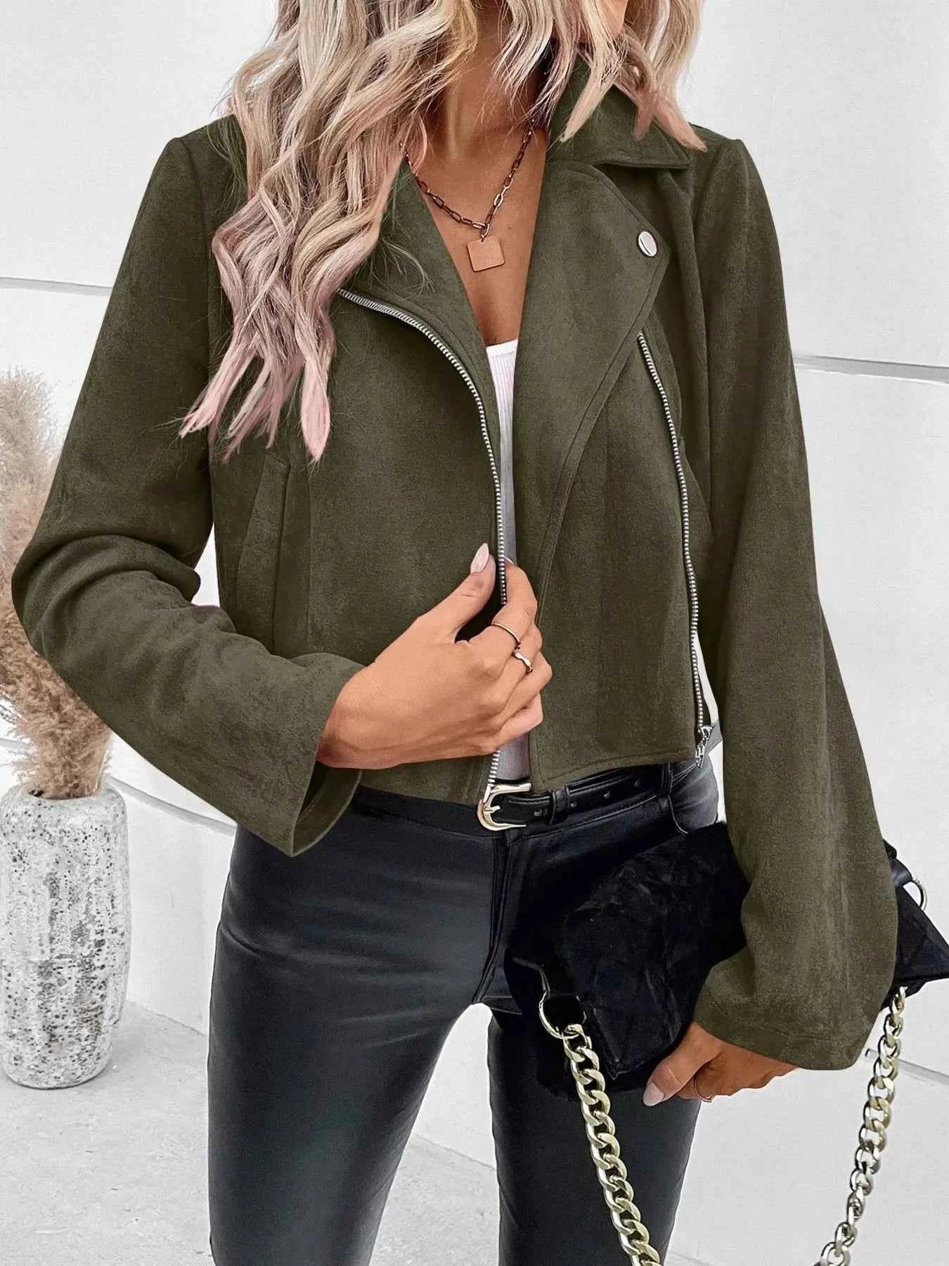 Suede Moto Jacket with Zip Detail