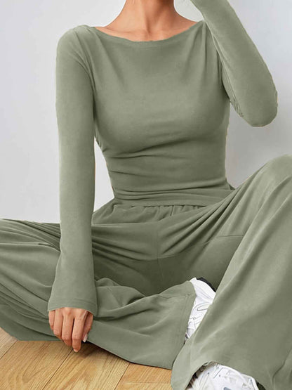 Casual Long Sleeve Top & Wide Leg Pants Set