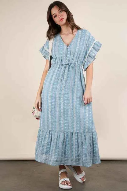VERY J Embroidered Boho Ruffled Midi Dress