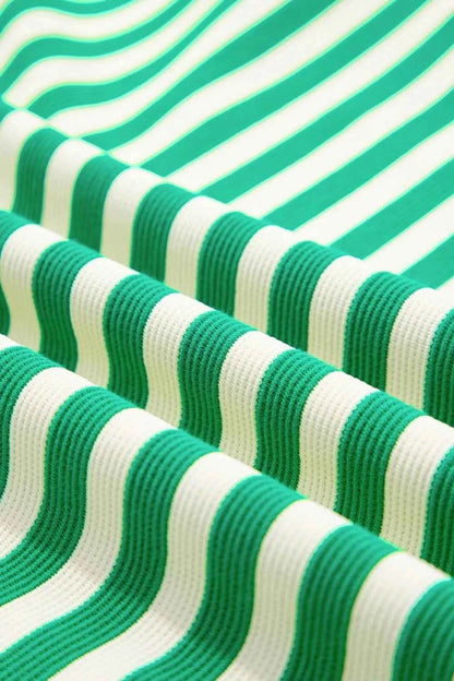 Stripe Print Contrast Collar Split Neck Flutter Sleeve Dress