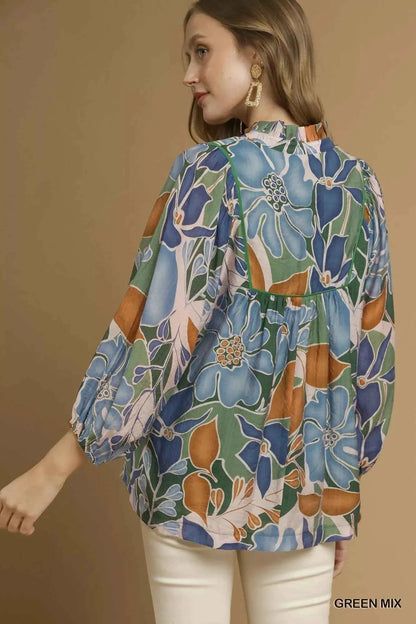 Umgee Multicolor Abstract Floral Print Blouse with Ruffle Neck