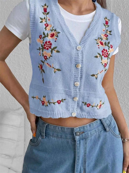 Embroidered Button Up Sweater Vest