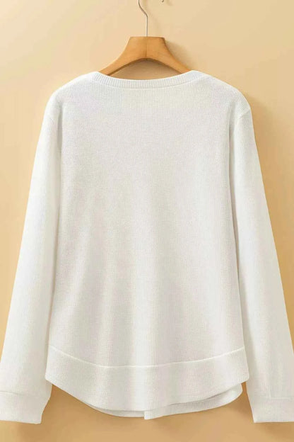 Rounded Neck Waffle Long Sleeve Top