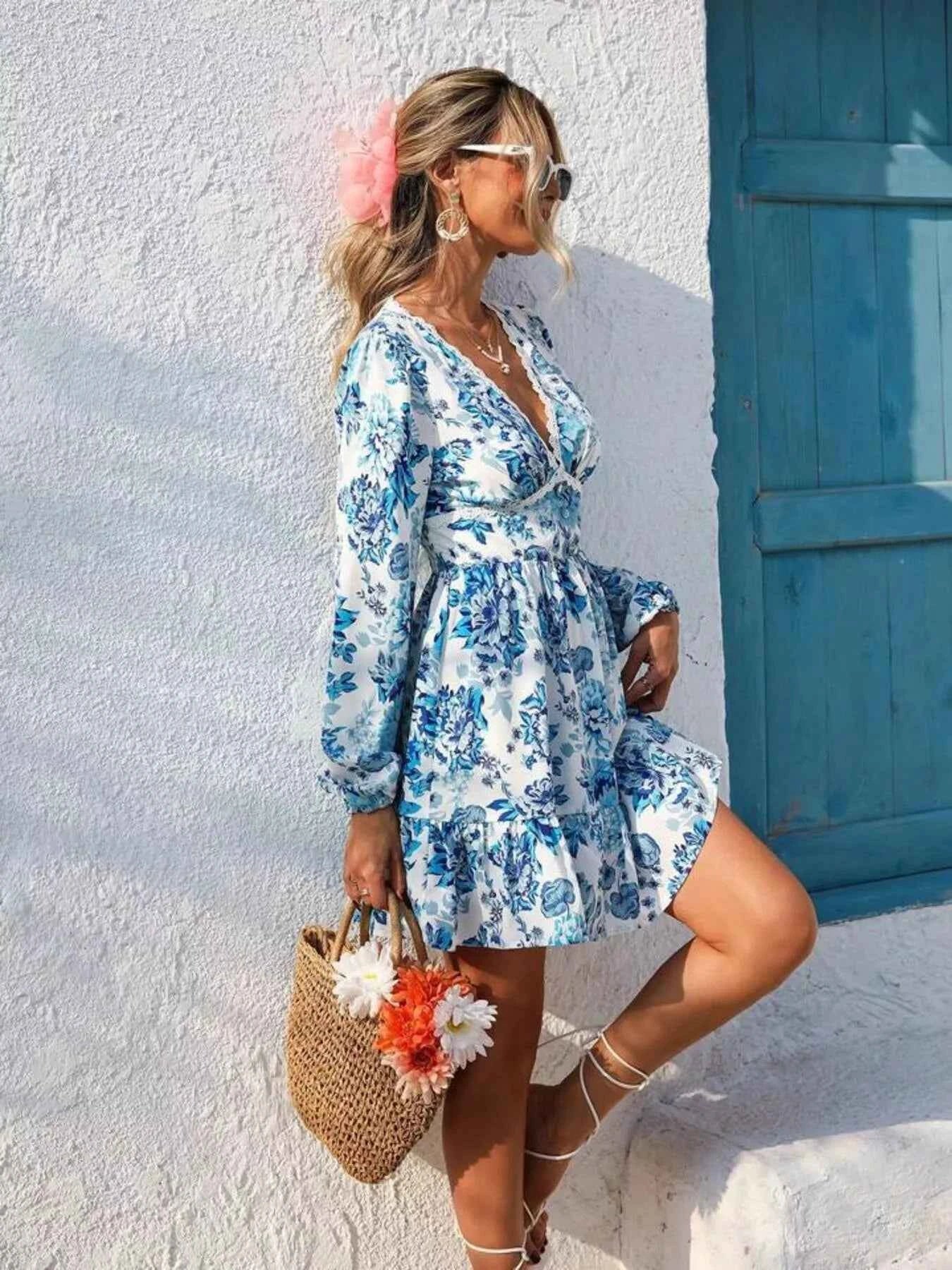 Full Size Floral Print V-Neck Long Sleeve Ruffle Hem Mini Dress Plus Size