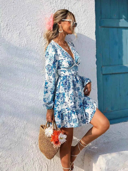 Full Size Floral Print V-Neck Long Sleeve Ruffle Hem Mini Dress Plus Size