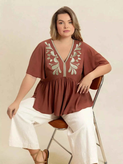 Plus Size Embroidered V-Neck Flutter Sleeve Blouse