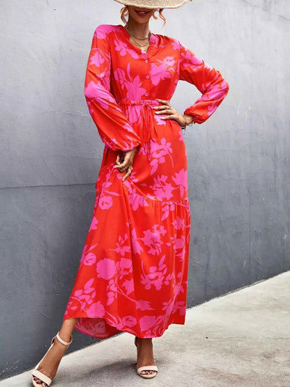 Floral Drawstring Waist Long Sleeve Maxi Dress