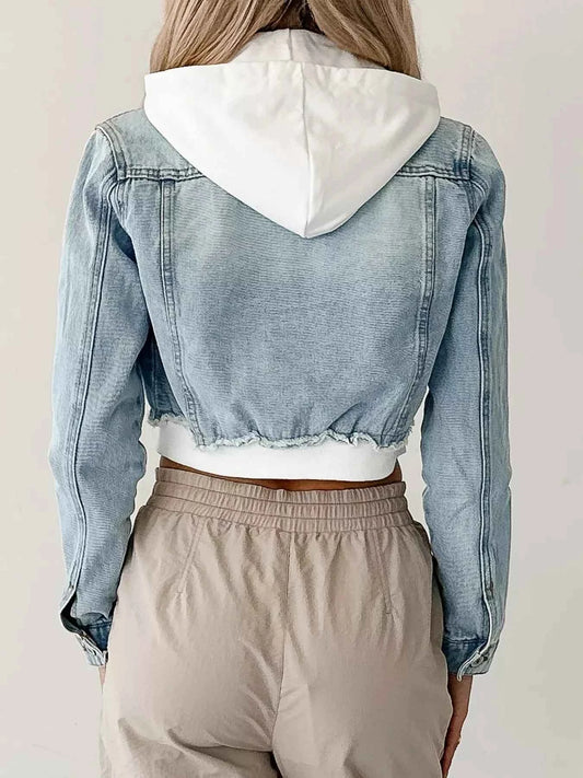 Distressed Zip Up Cropped Hooded Denim Jacket