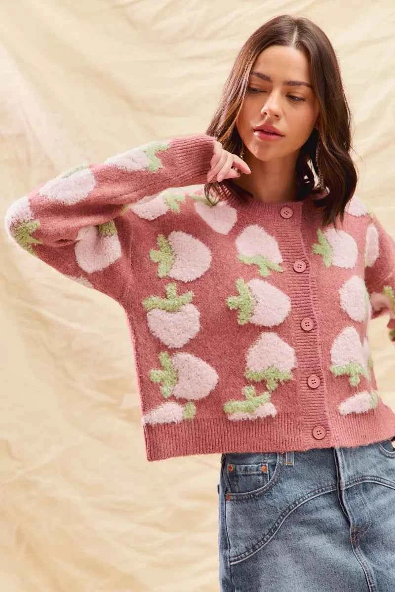 SO ME Strawberry Fruit All Over Button Sweater Cardigan