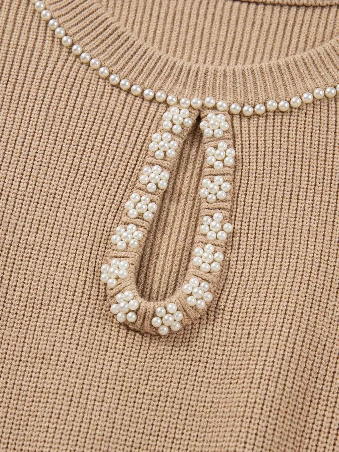 Pearl Embellished Keyhole Ribbed Sweater Dress