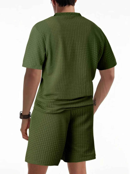 Men's Full Size Textured Round Neck Top and Shorts Set Plus SIze