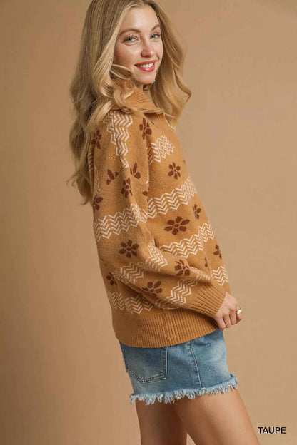 Umgee Floral Patterned Jacquard Quarter-Zip Pullover Sweater