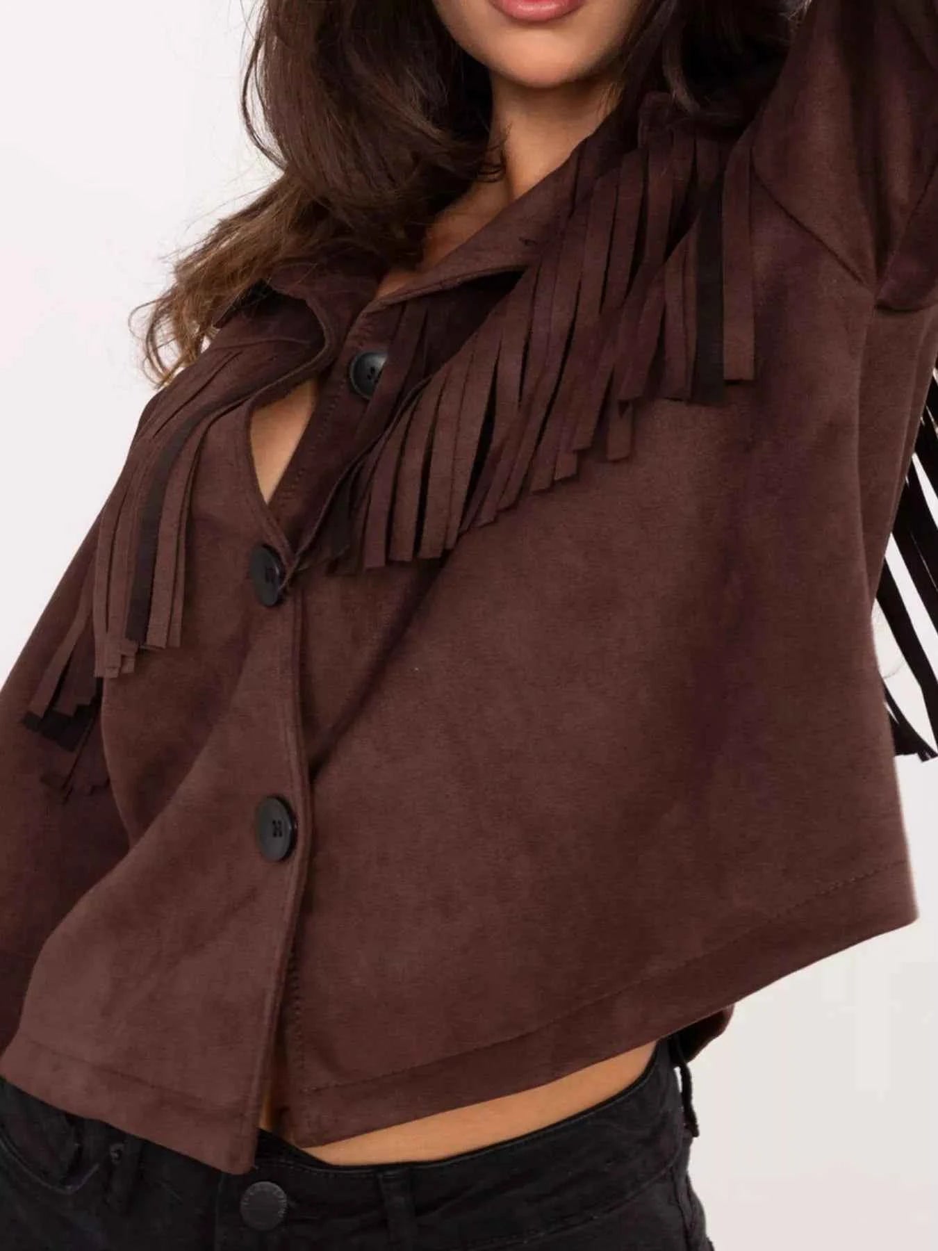 Fringe Button Up Suede Jacket