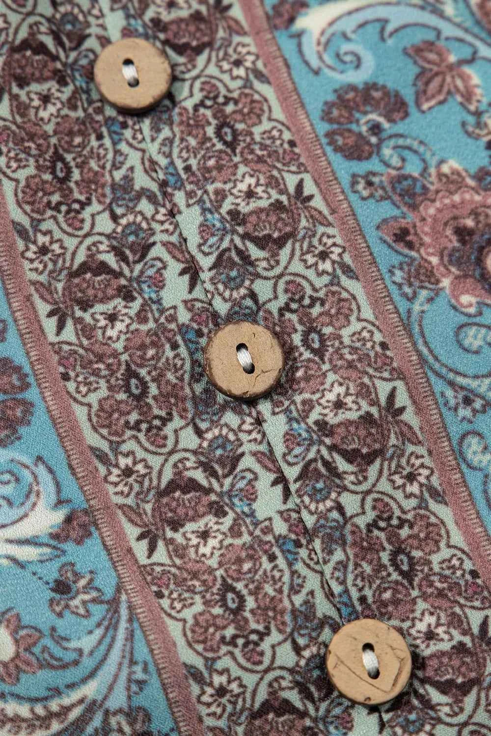 Boho Pattern Tiered Ruffled Sleeve V Neck Buttoned Blouse