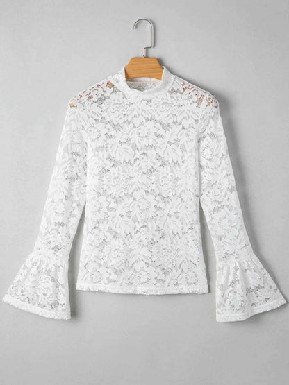Lace Crochet Bell Sleeve Mock Neck Blouse