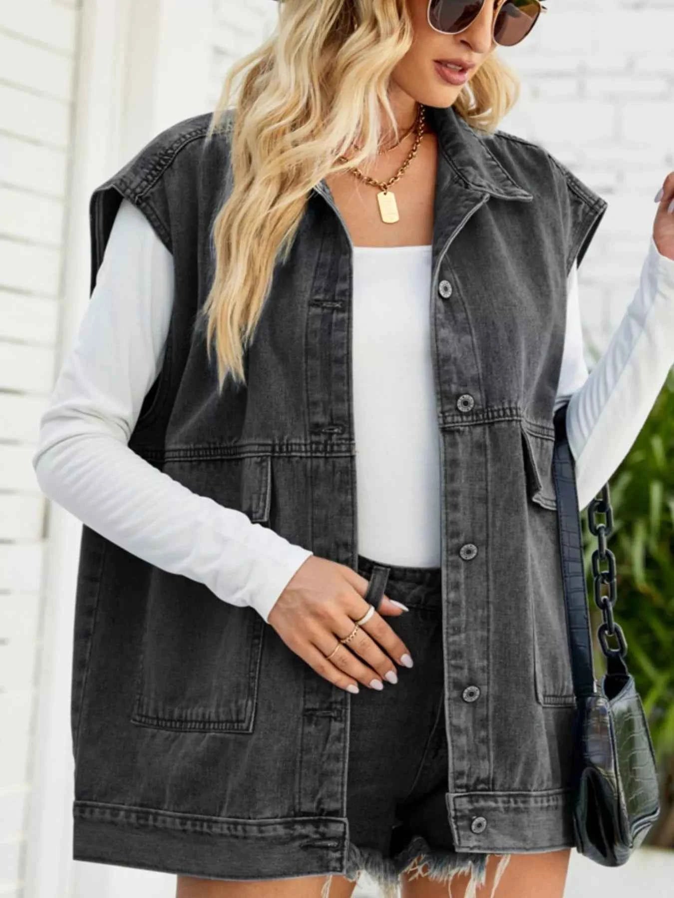 Sleeveless Button-Down Denim Jacket