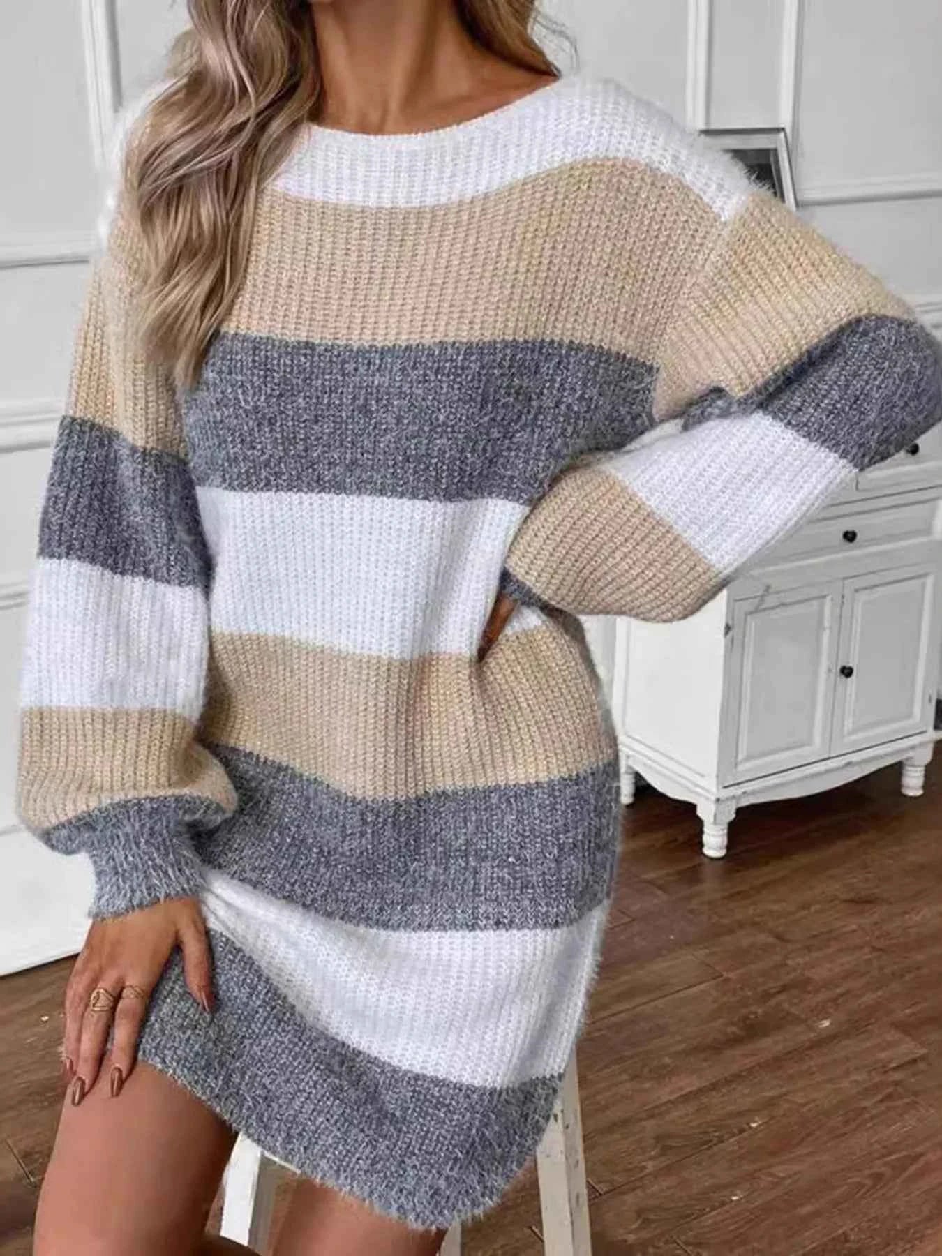 Color Block Long Sleeve Sweater Dress