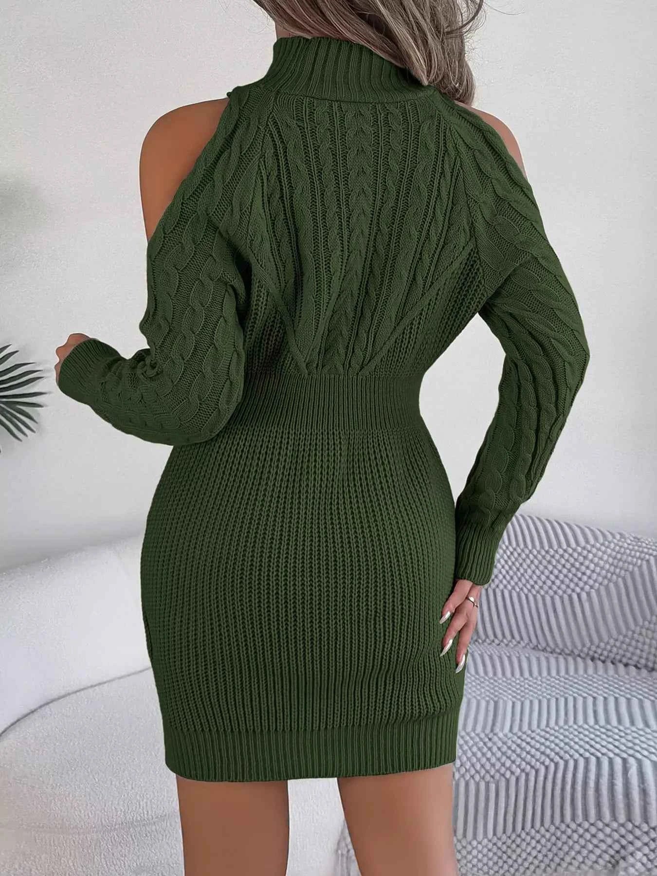 Cold Shoulder Cable Knit Turtleneck Sweater Dress