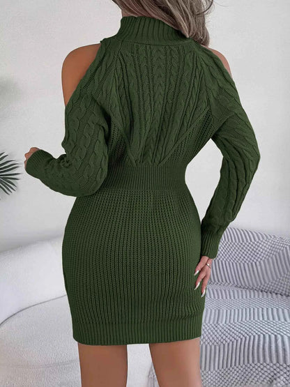 Cold Shoulder Cable Knit Turtleneck Sweater Dress