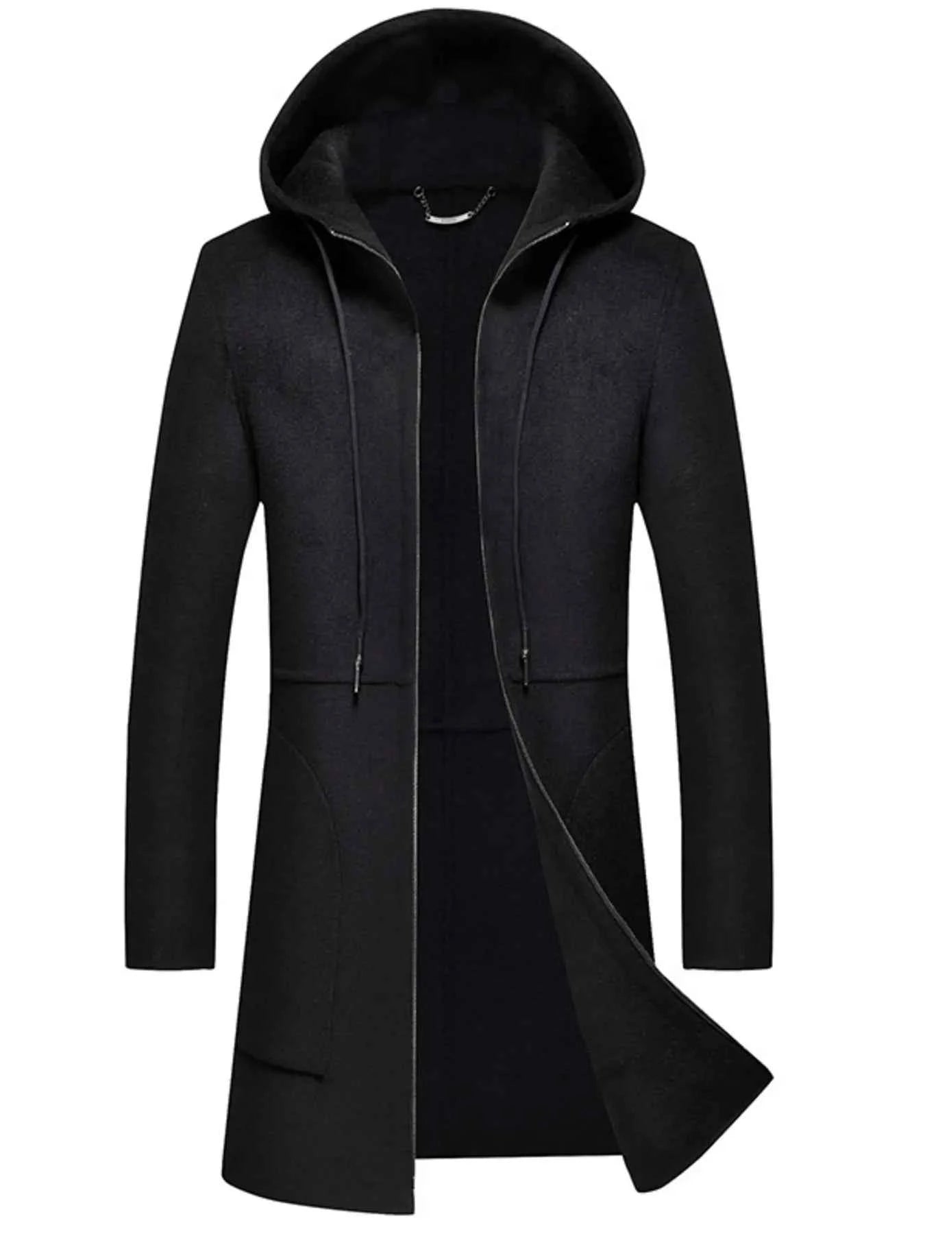 Men's Plus Size Zip Up Drawstring Hooded Wool Coat