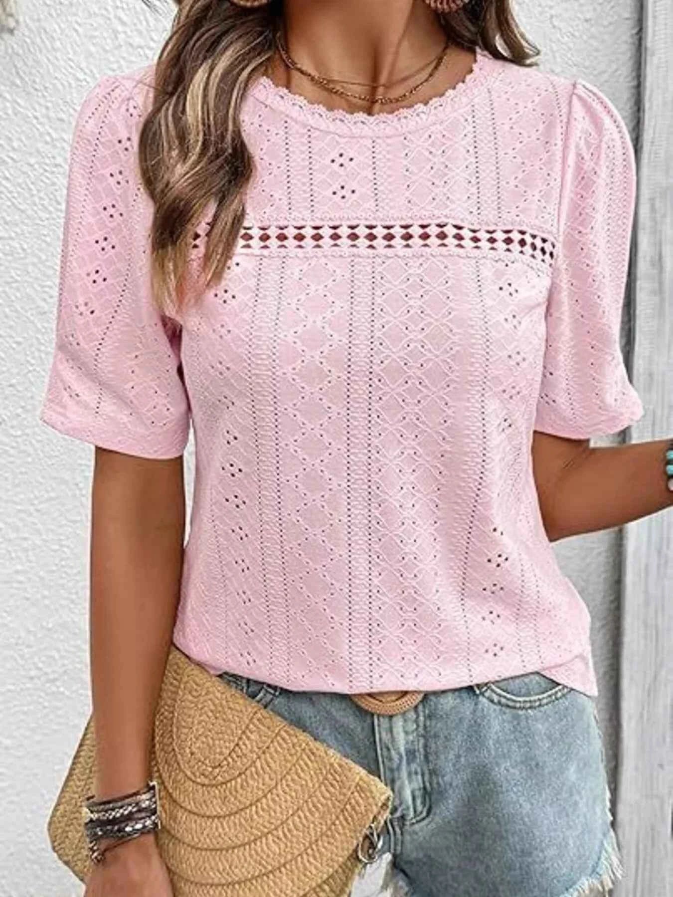 Eyelet Lace Detail Short Sleeve Blouse