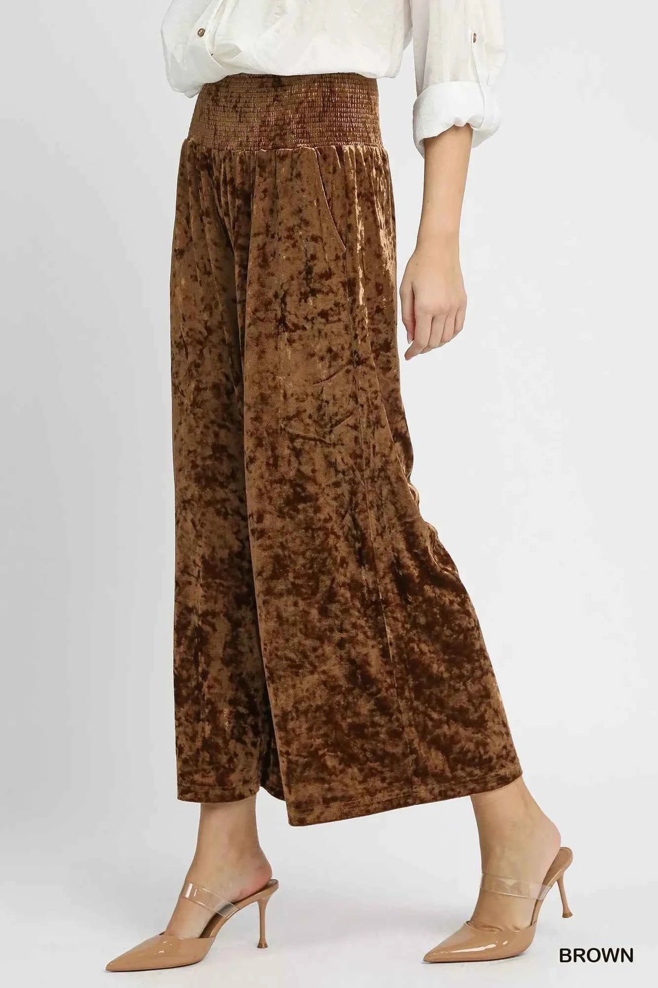 Umgee Velvet Smocked Waistband Wide Leg Pants