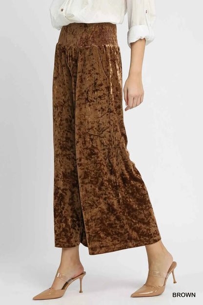 Umgee Velvet Smocked Waistband Wide Leg Pants