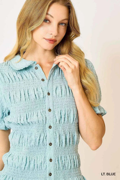 Umgee Smocked Short Sleeve Button-Front Shirt with Peter Pan Collar