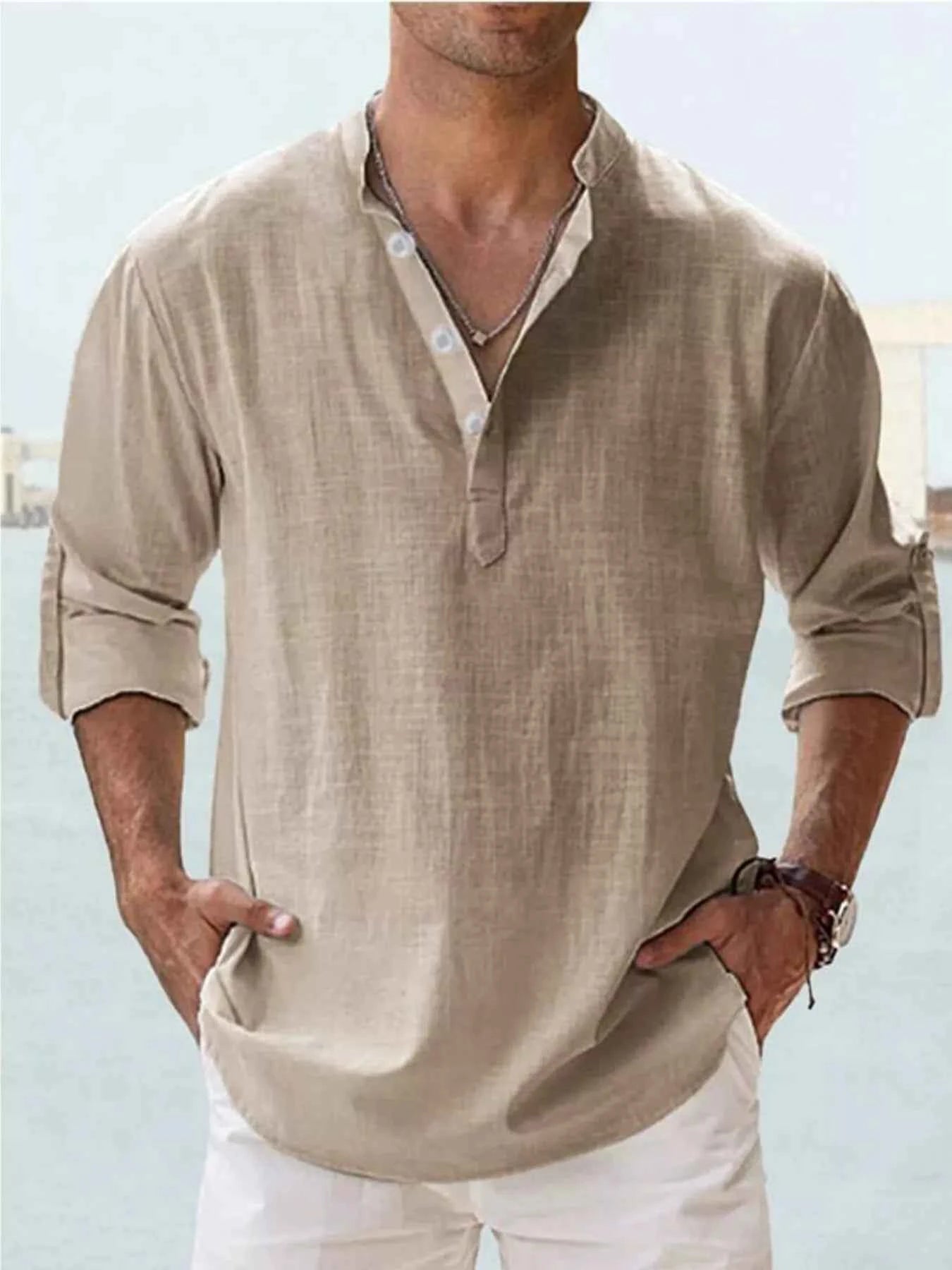 Men's Full Size Casual Button Detail Roll-Up Sleeve Blouse Plus Size