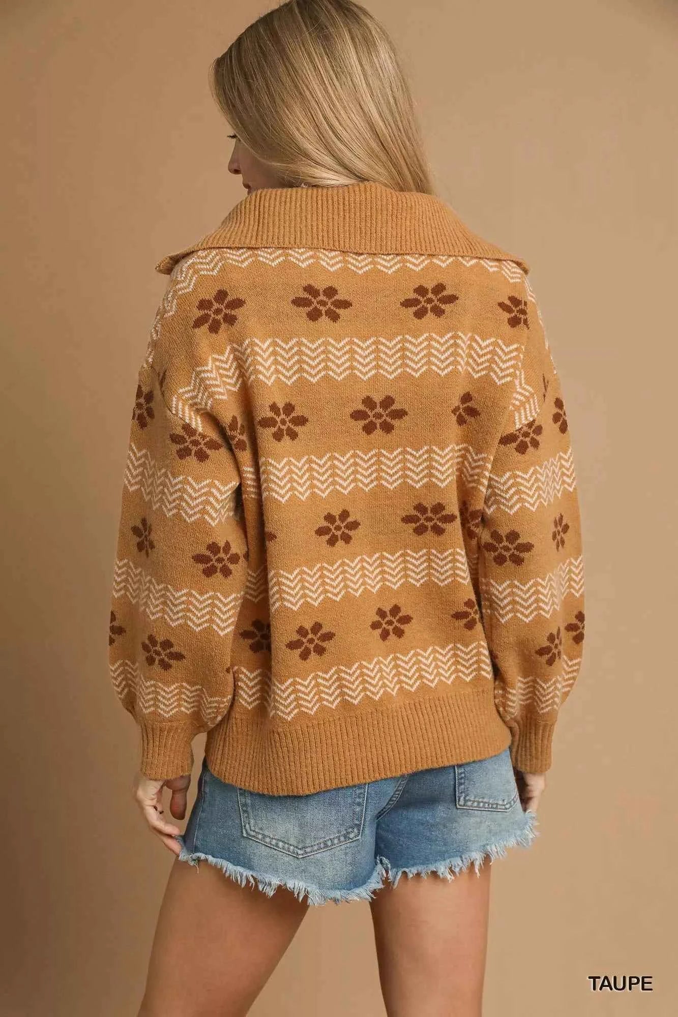Umgee Floral Patterned Jacquard Quarter-Zip Pullover Sweater