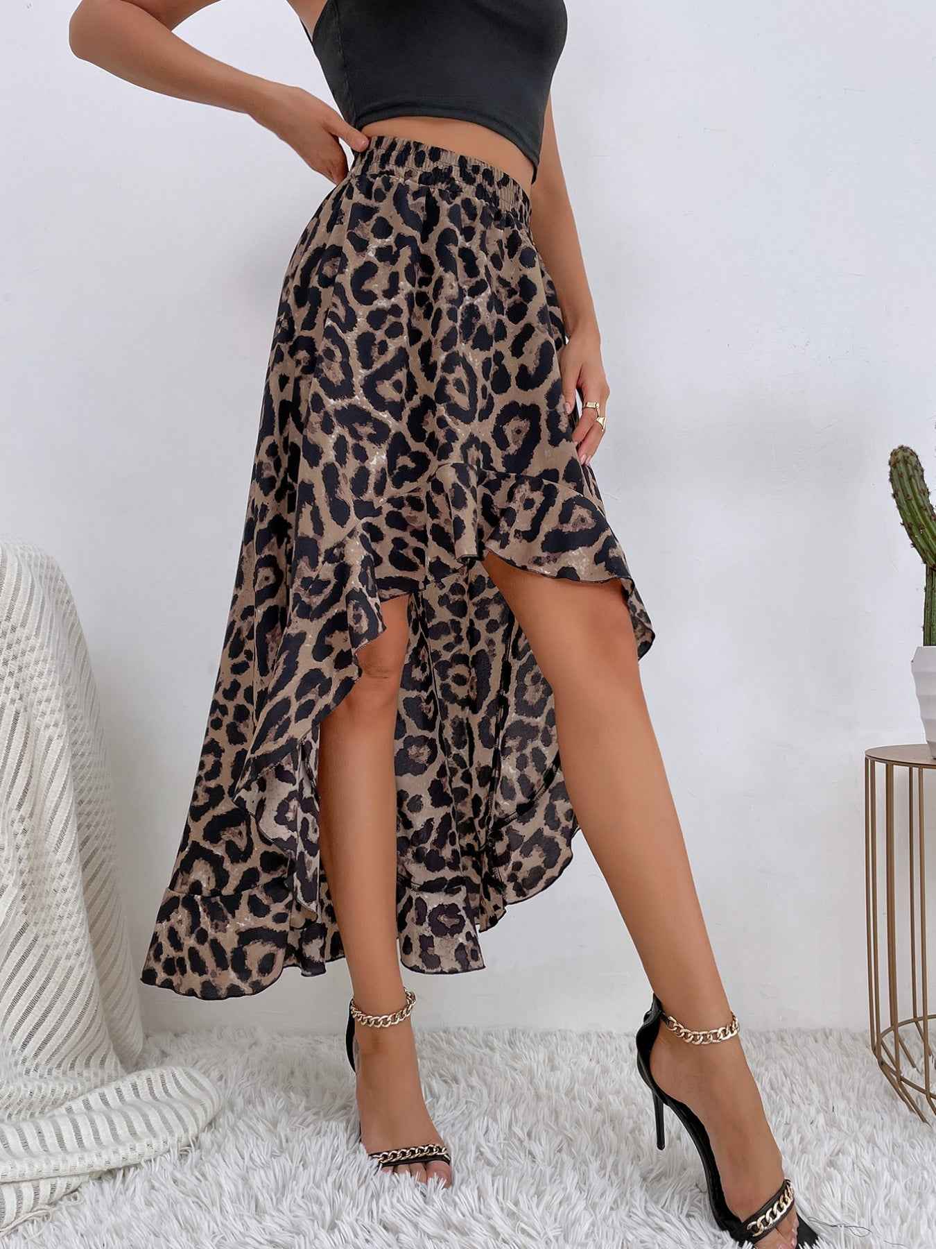 Leopard Print Ruffle Hem High-Low Skirt