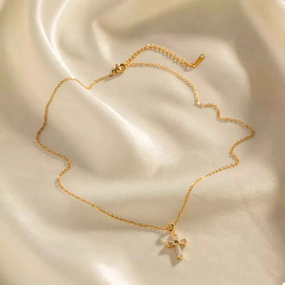 18K Gold-Plated Stainless Steel Zircon Cross Necklace