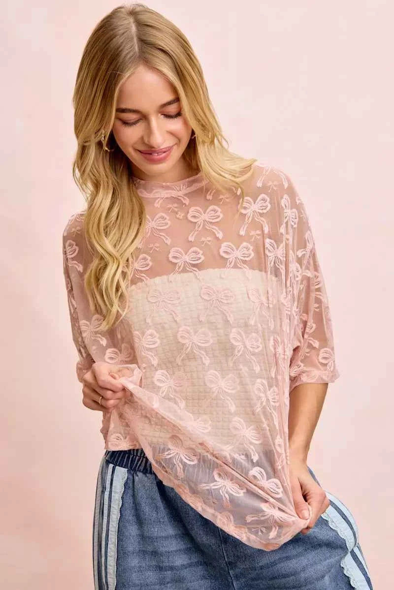 BiBi Bow Pattern Short Sleeves Boxy Mesh Top