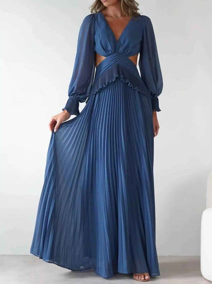 Backless Pleated Long Sleeve Maxi Dress