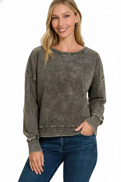 Zenana French Terry Acid Wash Boat Neck Sweatshirt