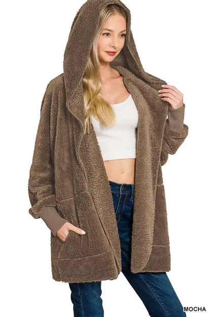 Zenana Hooded Faux Fur Jacket with Pockets