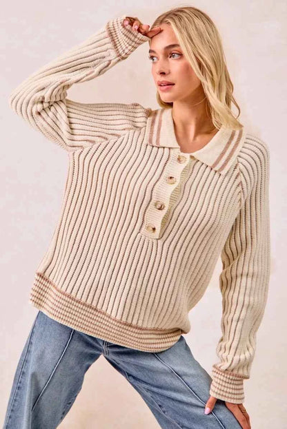 BiBi Half Button Ribbed Two Tone Sweater