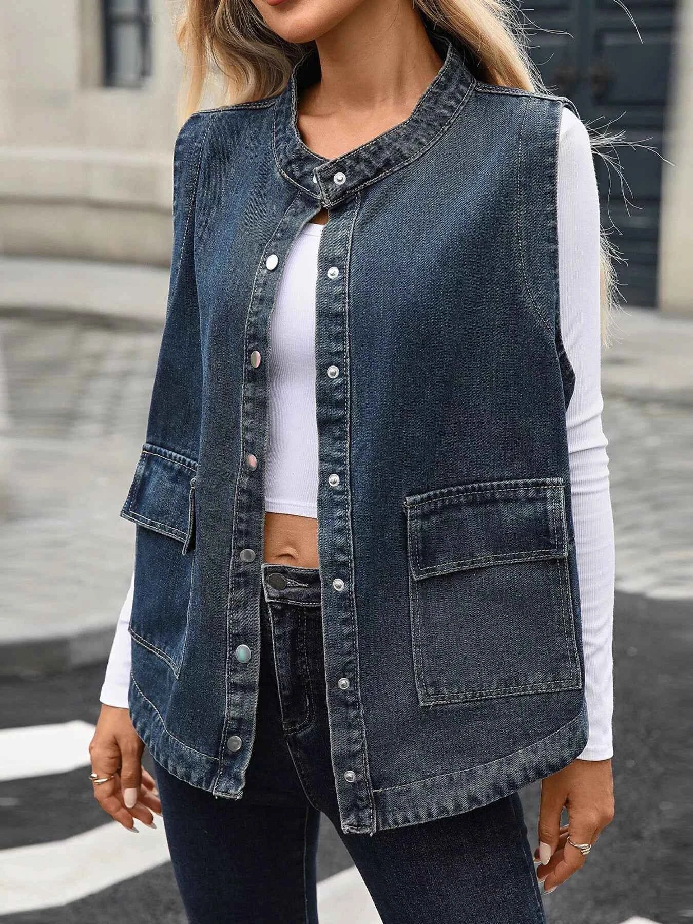 Snap Down Sleeveless Denim Jacket