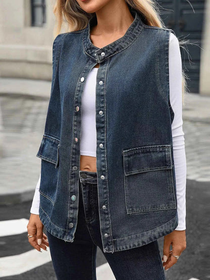 Snap Down Sleeveless Denim Jacket
