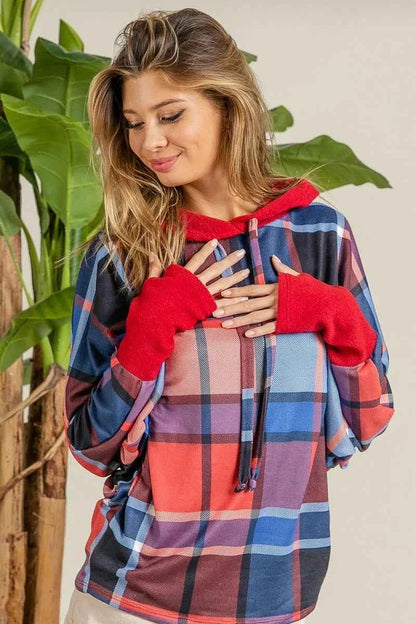 BiBi Plaid Mirr Brushed Rib Contrast Thumb Open Hoodie