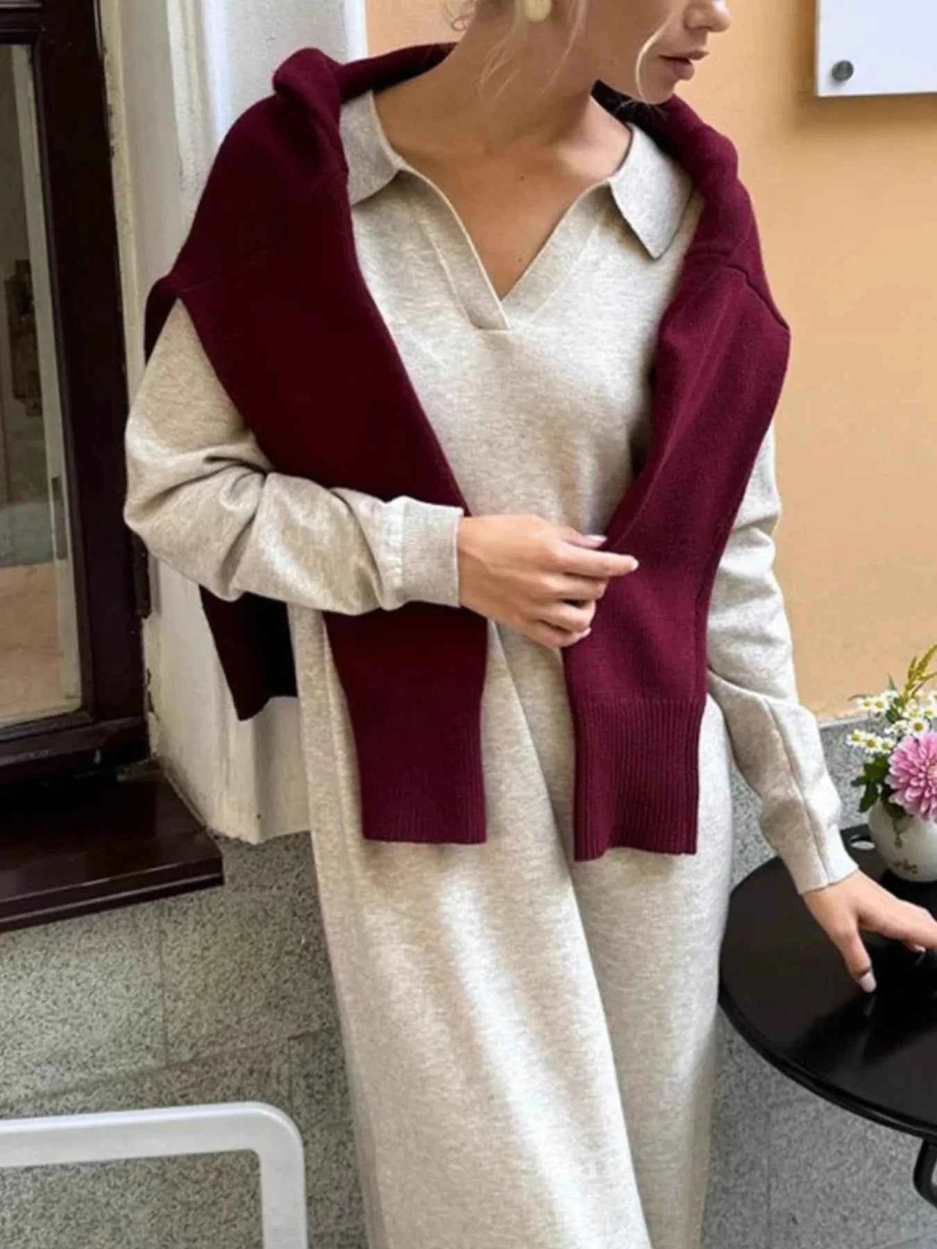 Long Sleeve Collared Neck Knit Dress