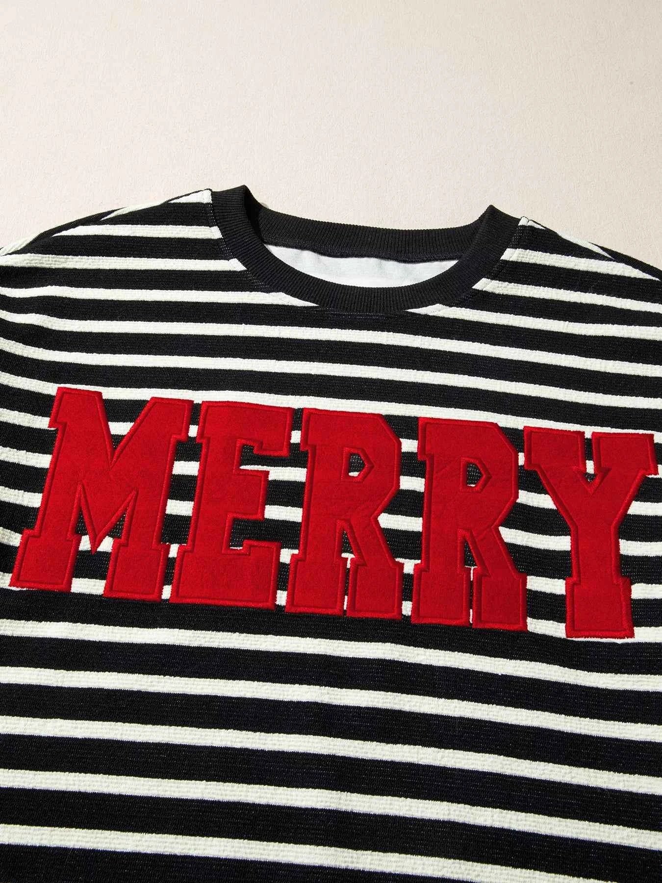 Stripe Contrast MERRY Letter Christmas Print Drop Shoulder Sweatshirt