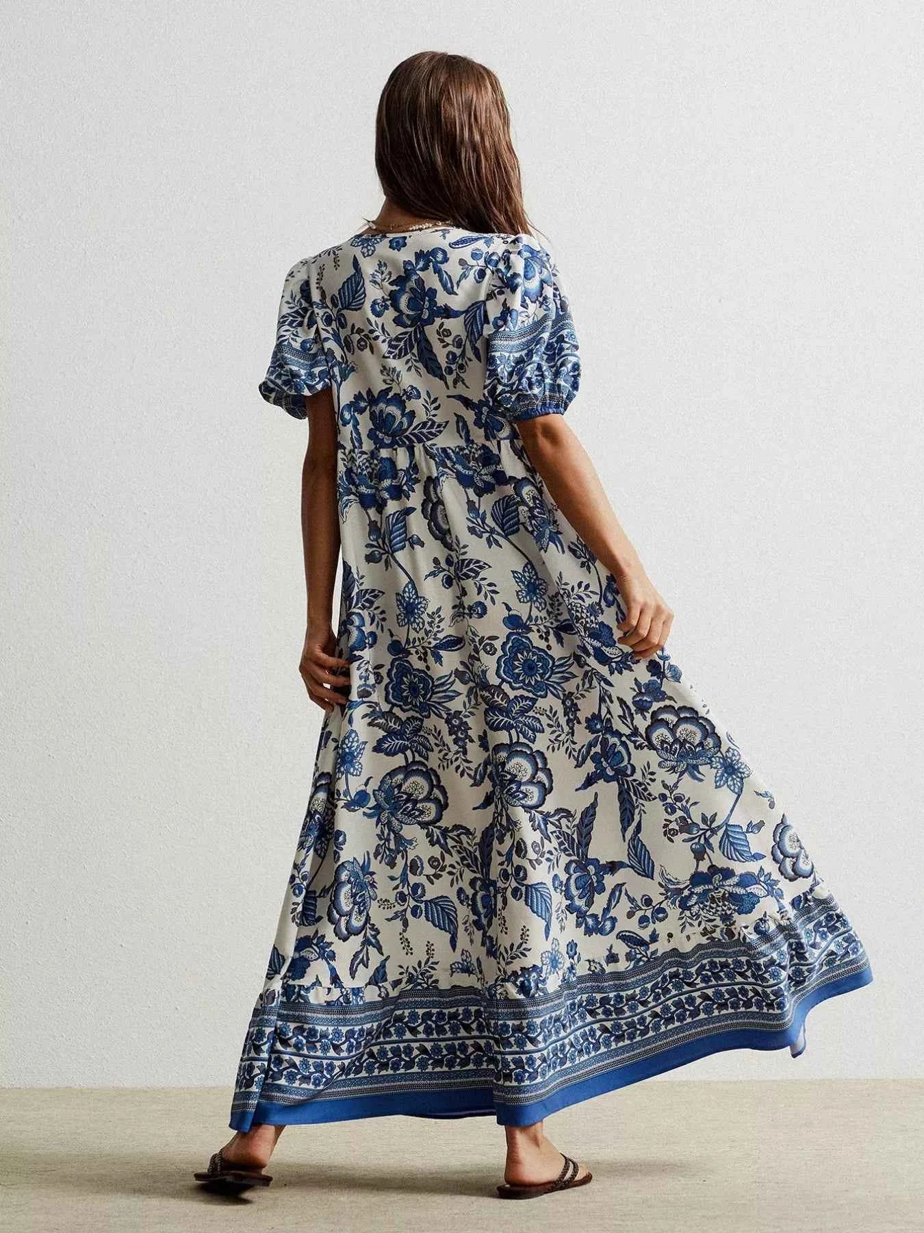 Floral Print Tie-Neck Puff Sleeve Maxi Dress