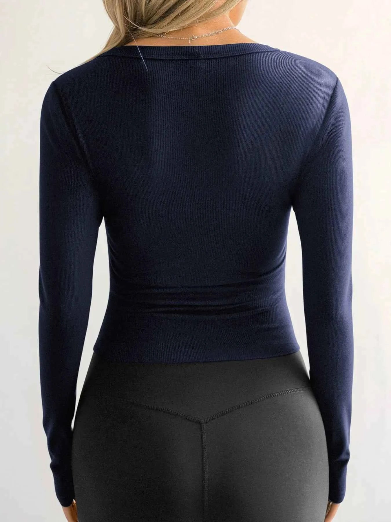Ribbed V-Neck Long Sleeve T-Shirt