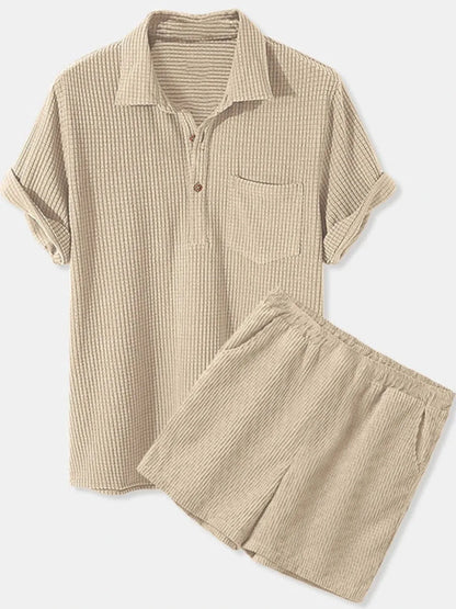 Men's Full Size Button Detail Short Sleeve Top and Shorts Set Plus Size