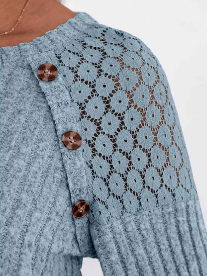 Ribbed Knit T-Shirt with Lace Shoulder Detail