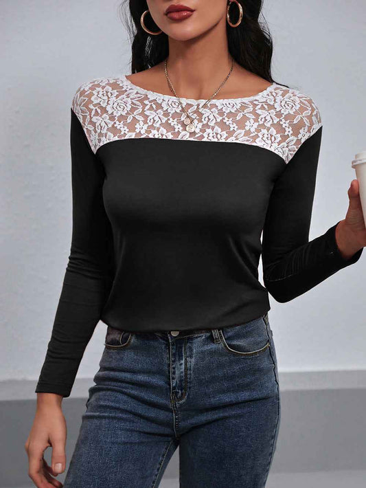 Ivy Lane Lace Trim Long Sleeve Round Neck Tee